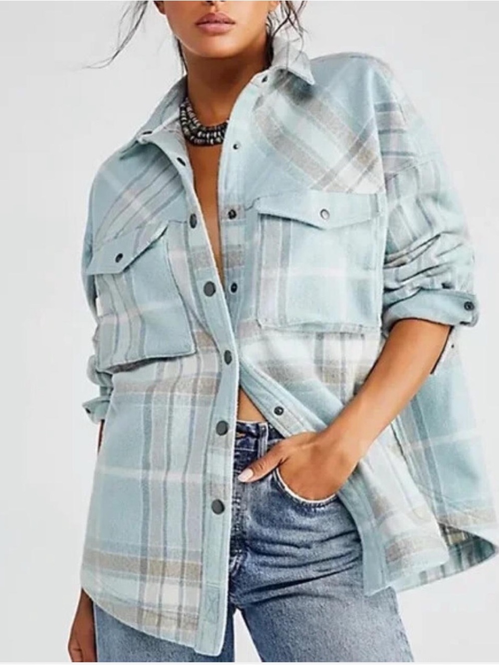 Free People Light Blue Plaid Oversized Shacket Jacket